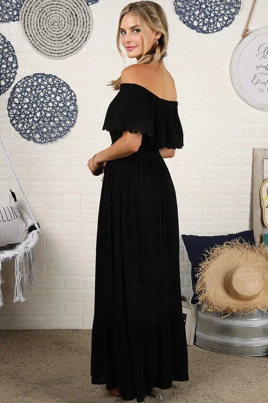 Lace Trim Off The Shoulder Flowy Maxi Dress