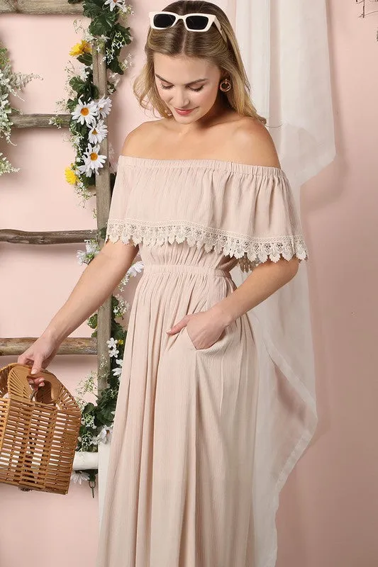 Lace Trim Off The Shoulder Flowy Maxi Dress