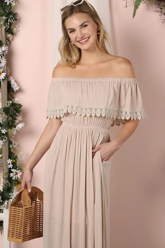 Lace Trim Off The Shoulder Flowy Maxi Dress