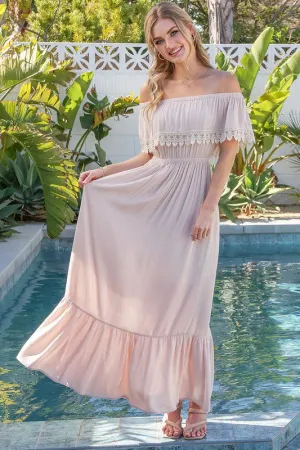 Lace Trim Off The Shoulder Flowy Maxi Dress