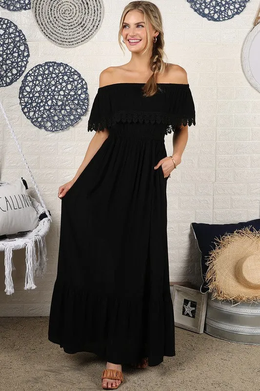 Lace Trim Off The Shoulder Flowy Maxi Dress