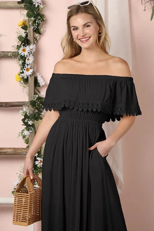 Lace Trim Off The Shoulder Flowy Maxi Dress