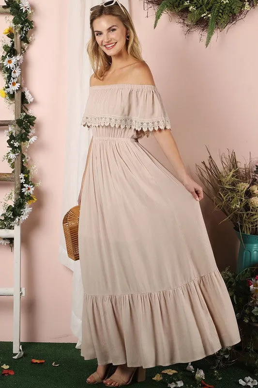 Lace Trim Off The Shoulder Flowy Maxi Dress