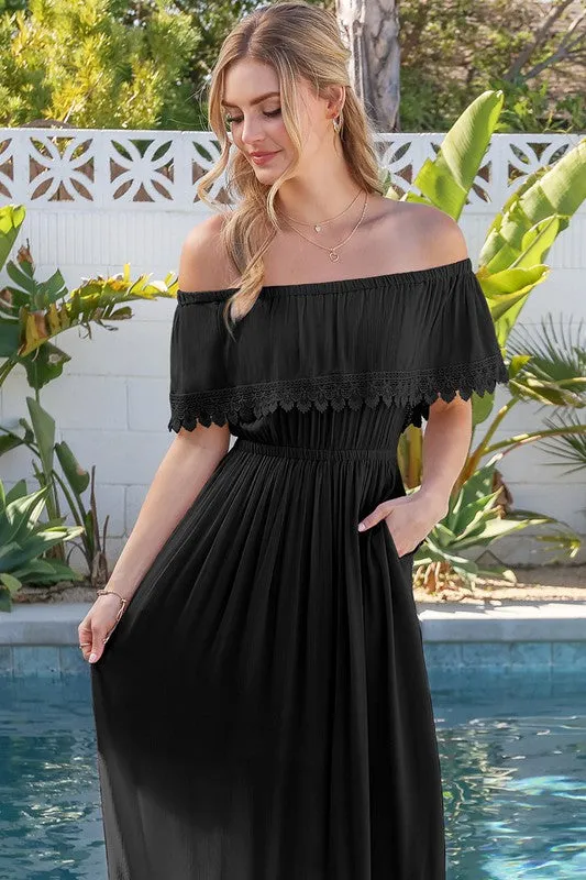 Lace Trim Off The Shoulder Flowy Maxi Dress