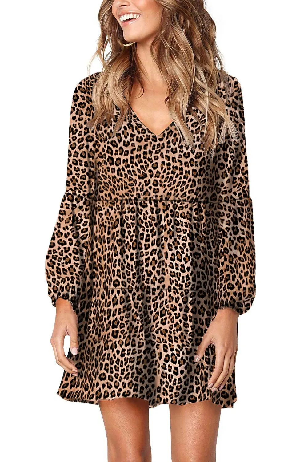 Leopard Ruffle V-Neck Flowy Tunic Dress