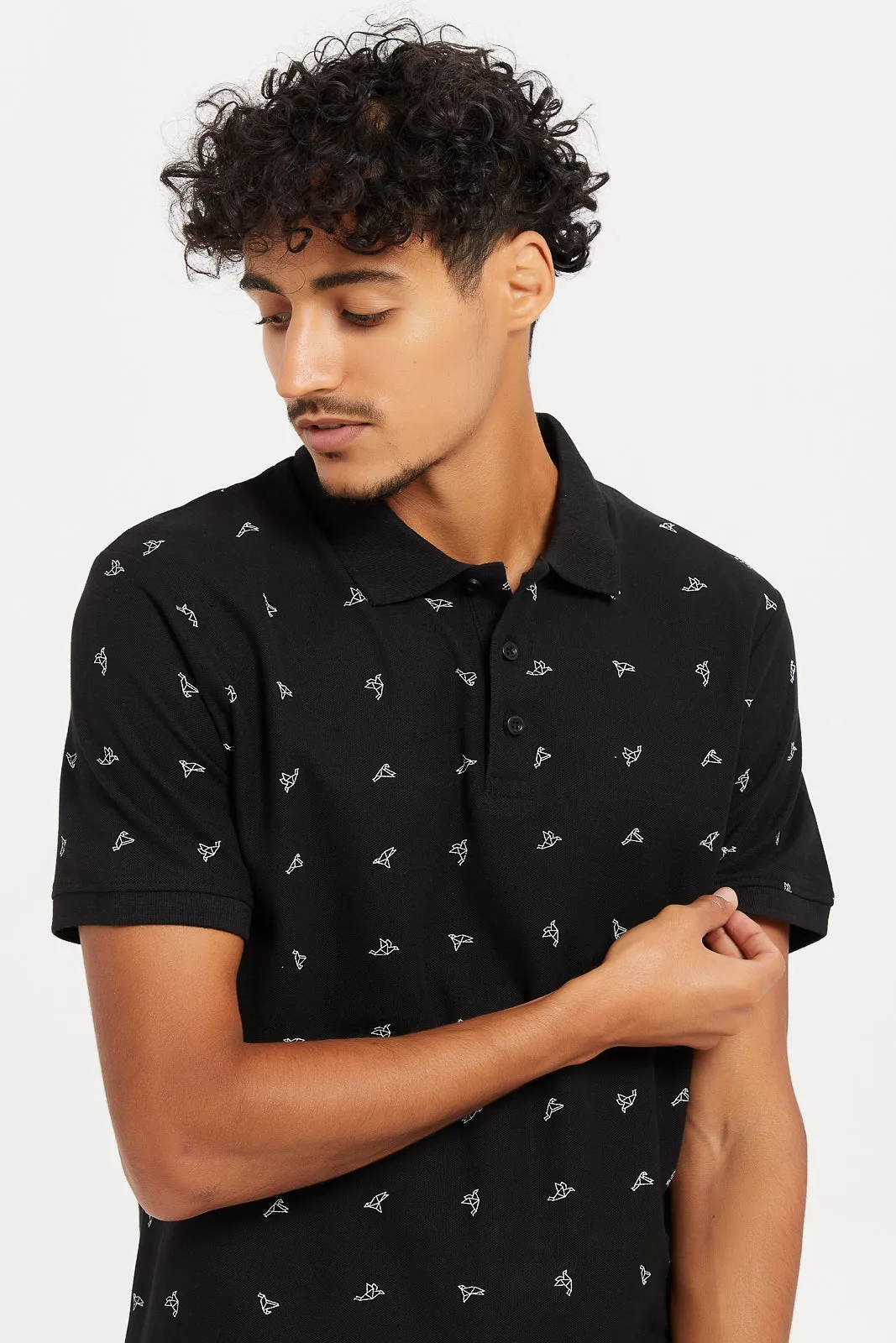 Men Black Printed Polo Shirt