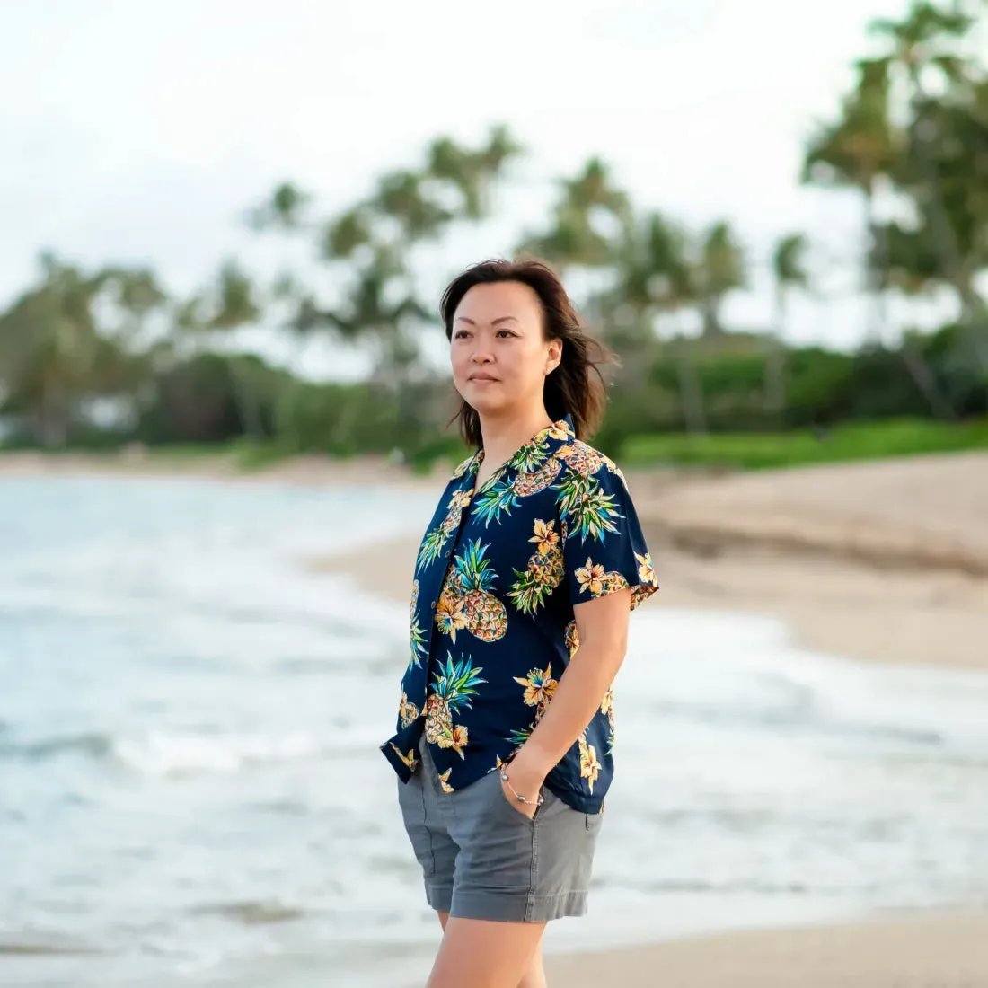 Pineapple Blue Lady's Hawaiian Rayon Blouse