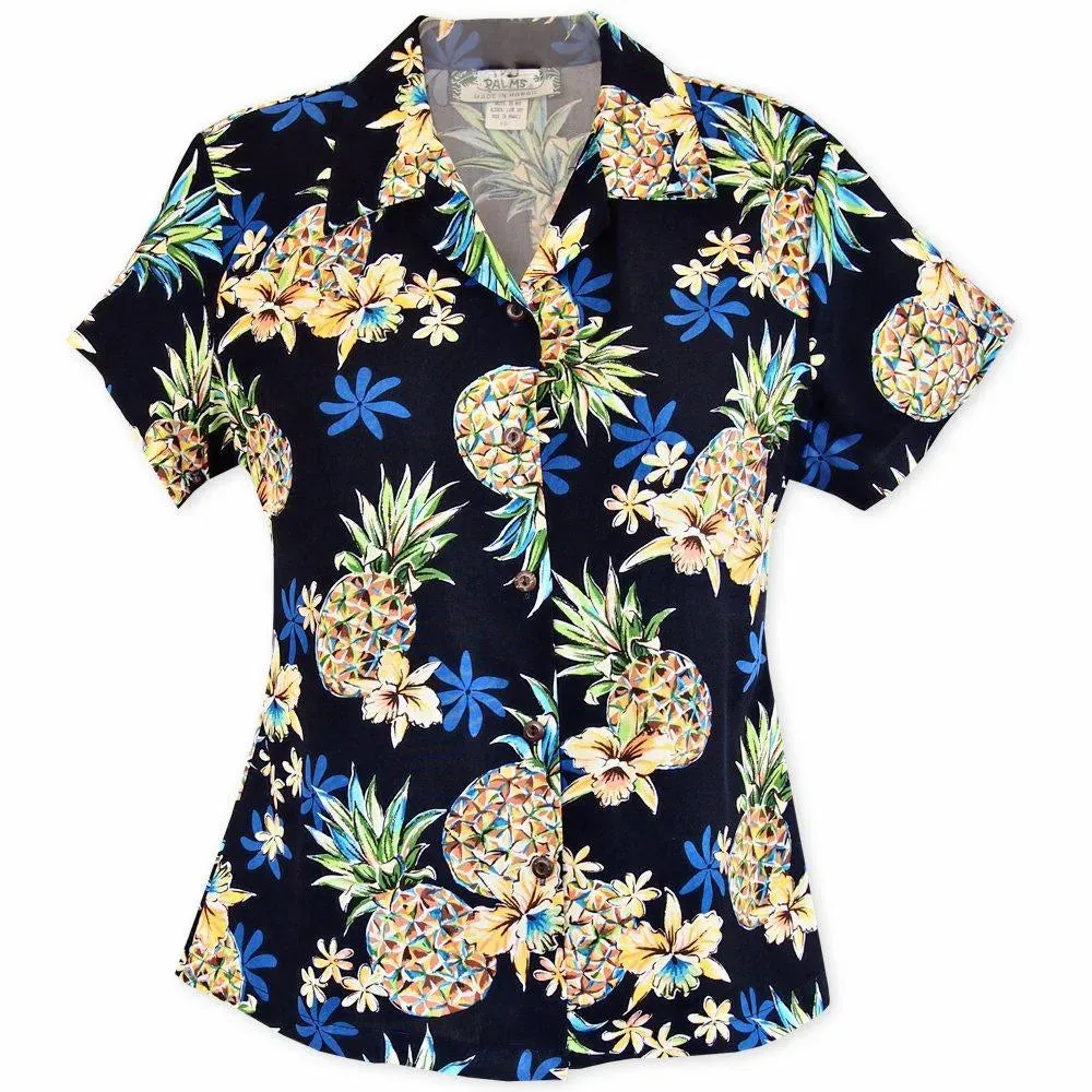 Pineapple Blue Lady's Hawaiian Rayon Blouse