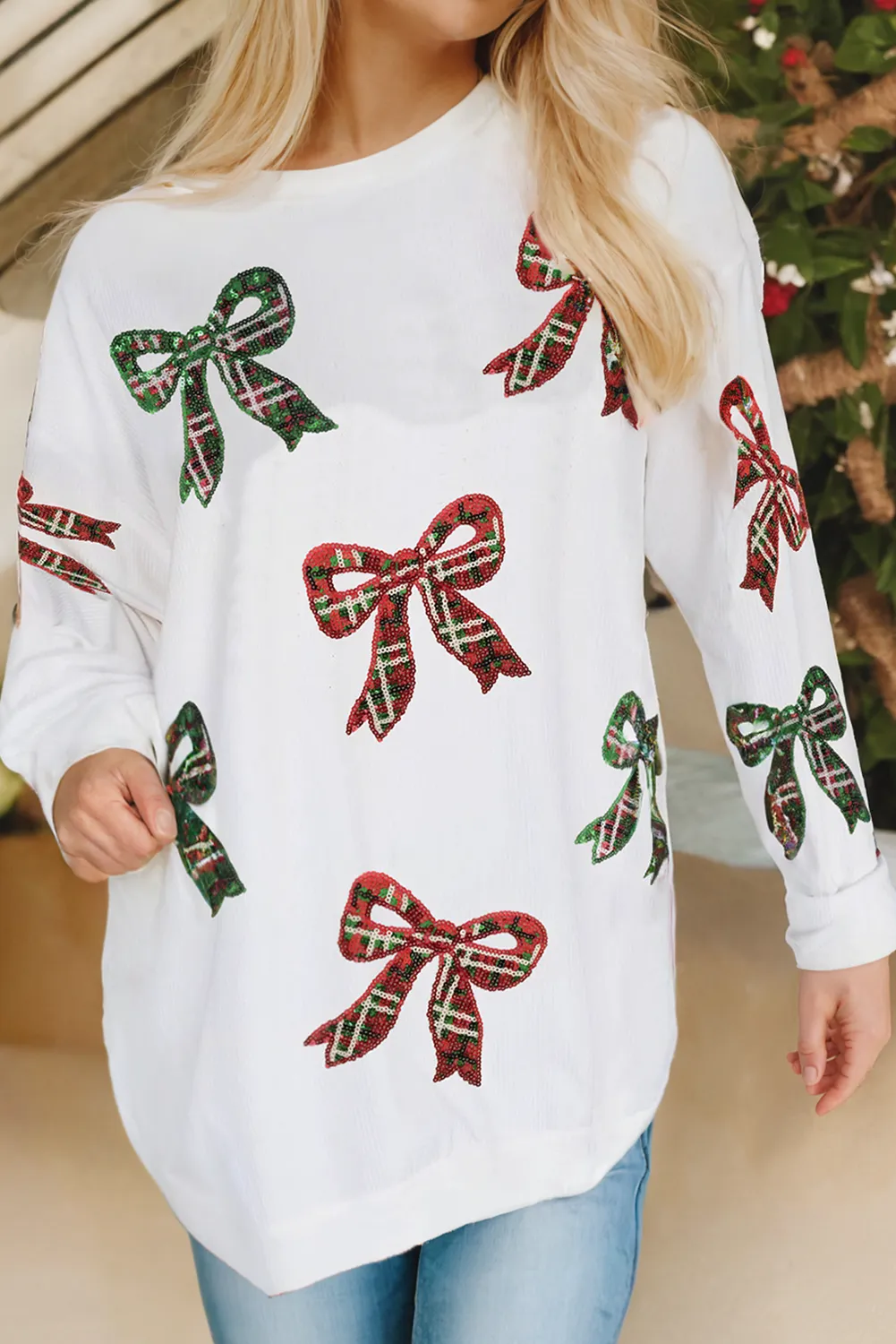 Plaid Bowknot Pattern Corded Oversized Sweatshirt