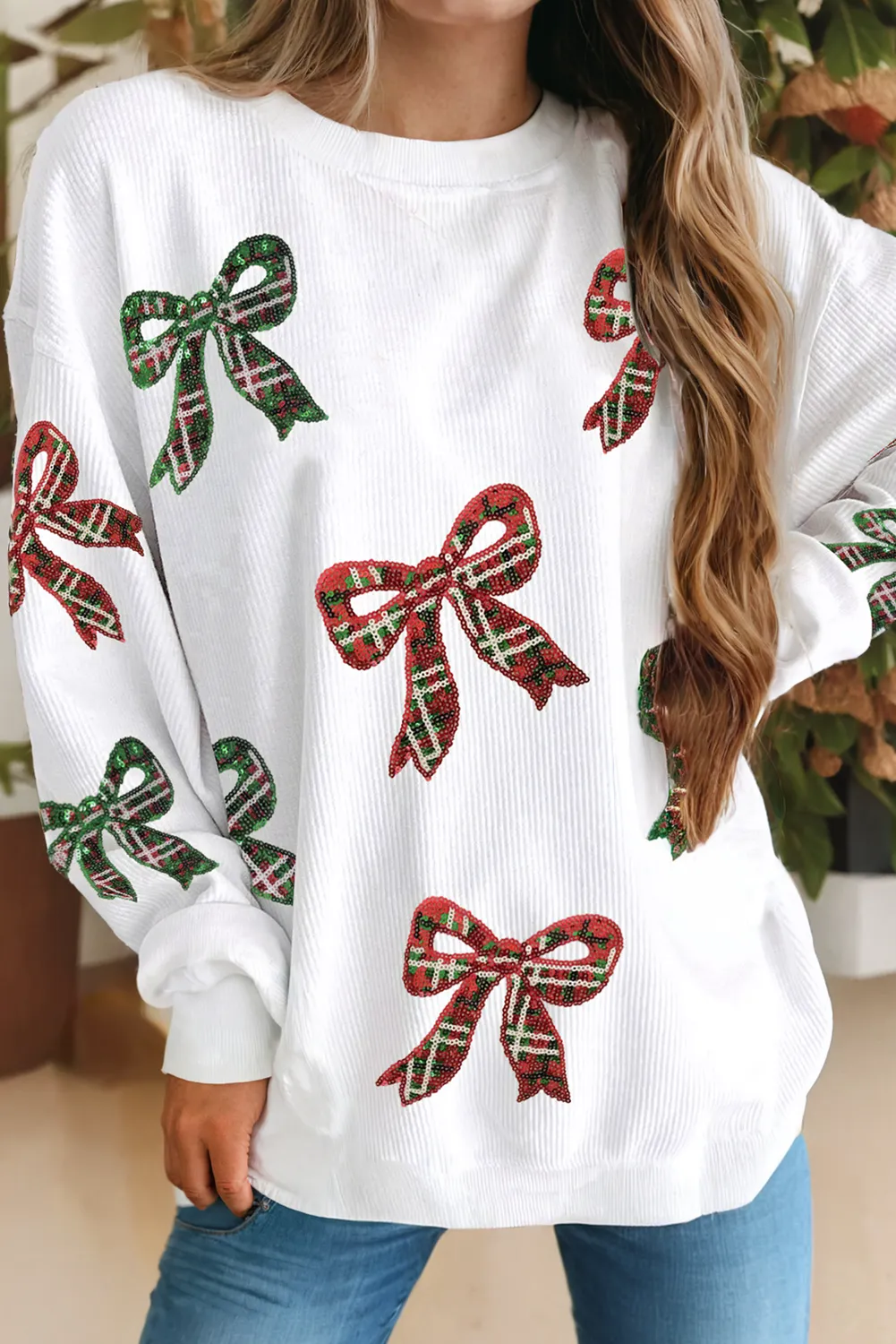 Plaid Bowknot Pattern Corded Oversized Sweatshirt