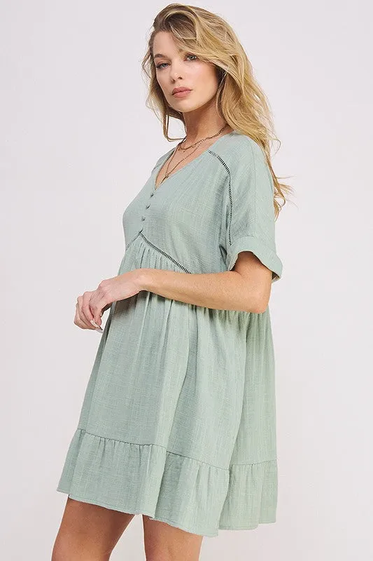 PLUS SIZE SHORT SLV BUTTON DOWN V-NECK SHORT DRESS - online exclusive