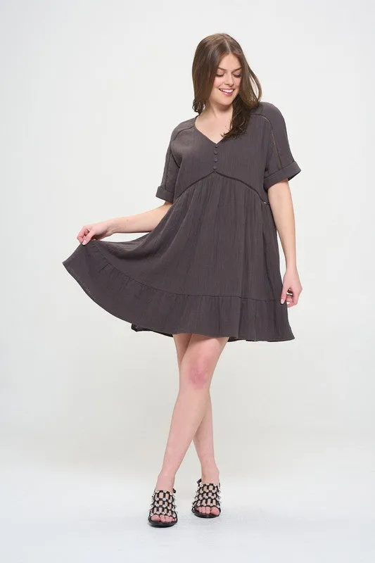 PLUS SIZE SHORT SLV BUTTON DOWN V-NECK SHORT DRESS - online exclusive