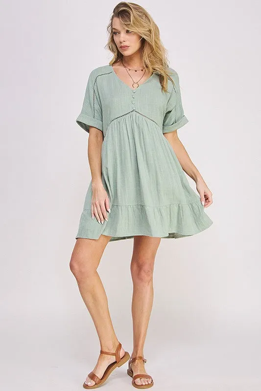 PLUS SIZE SHORT SLV BUTTON DOWN V-NECK SHORT DRESS - online exclusive