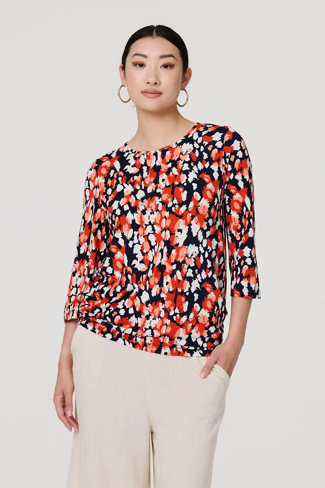 Printed 3/4 Sleeve Boat Neck Top