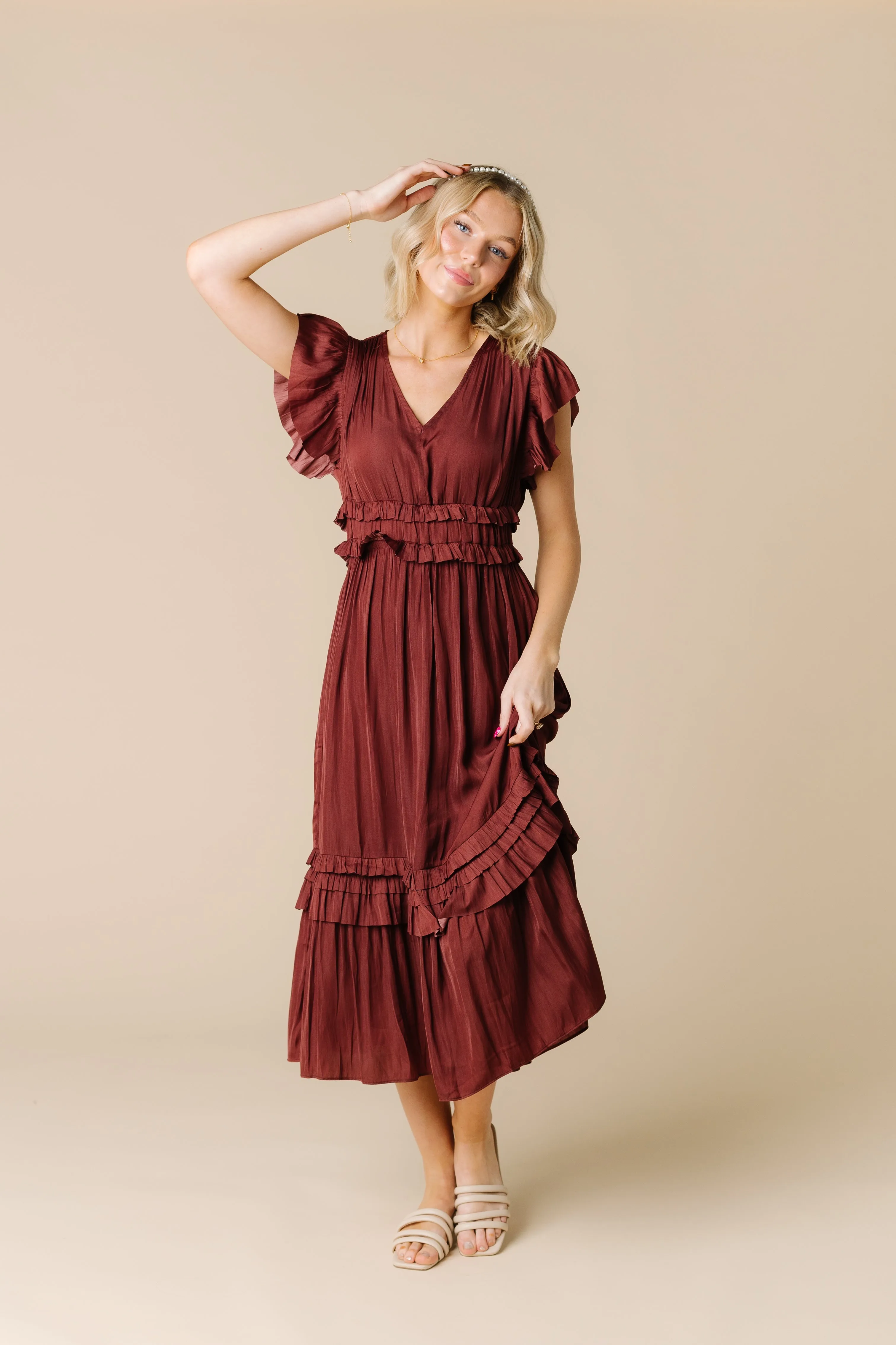 Ruffled Satin V-Neck Dress