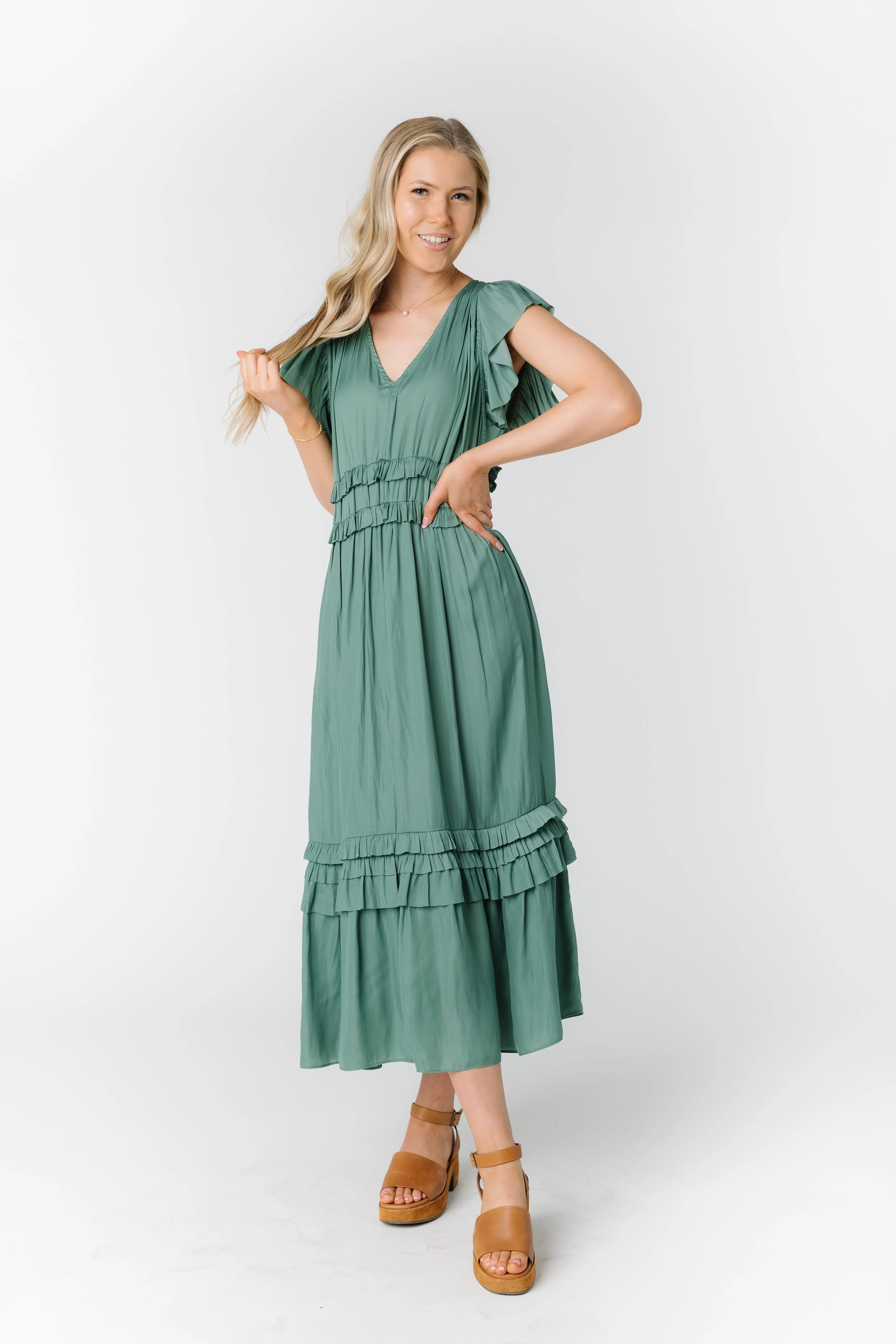 Ruffled Satin V-Neck Dress