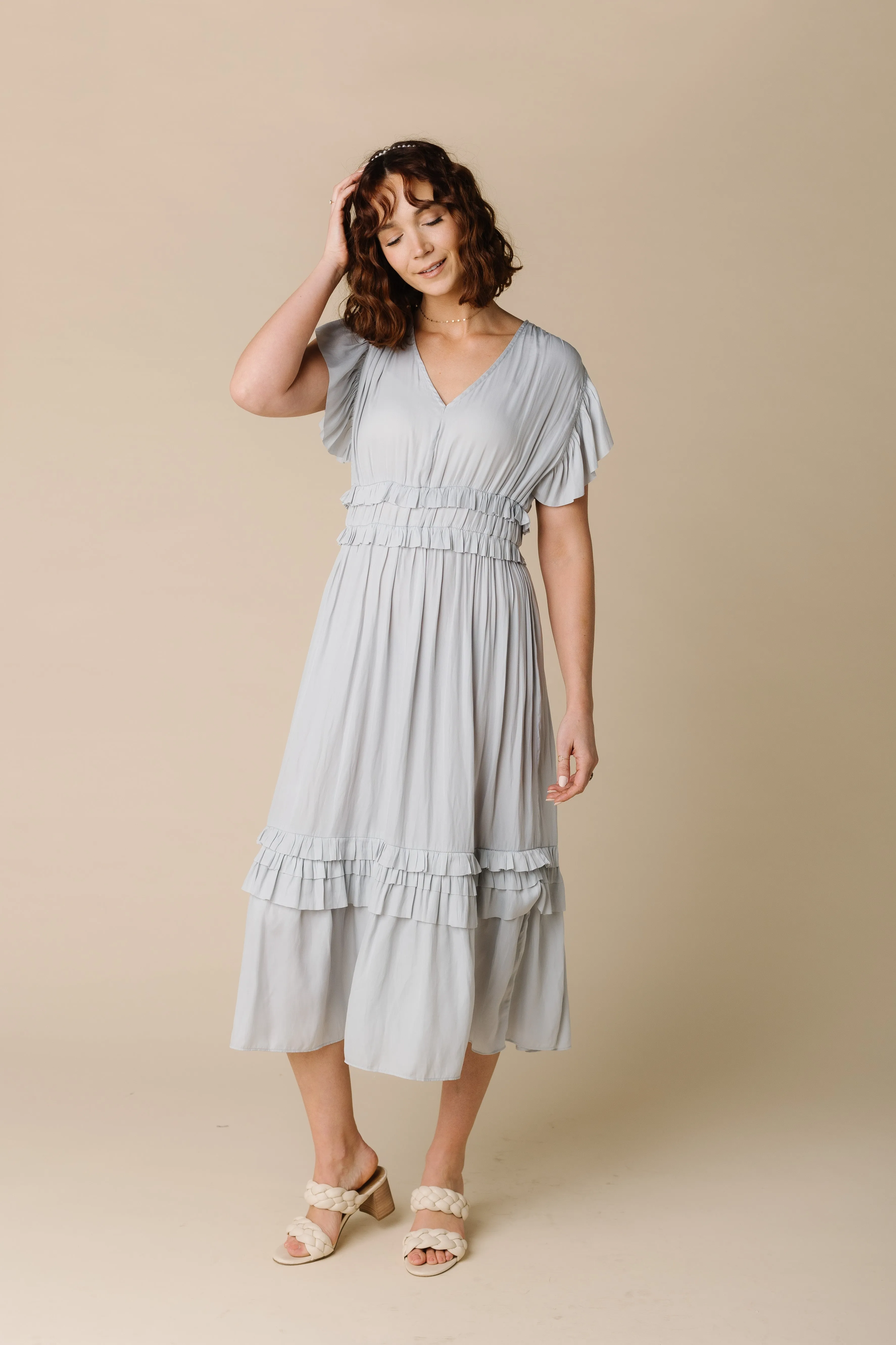 Ruffled Satin V-Neck Dress