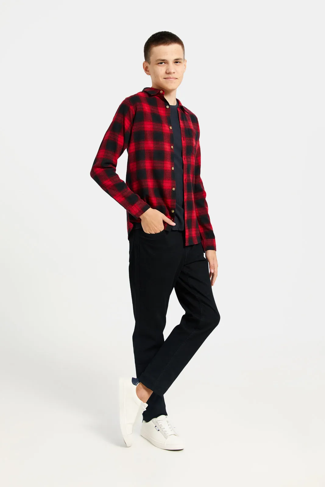 Senior Boys Red And Black Basic Flannel Shirt