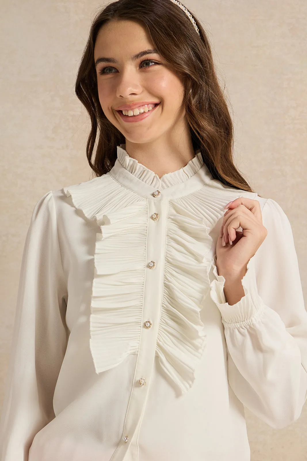 Senior Girls White Pleated Ruffled Front Blouse