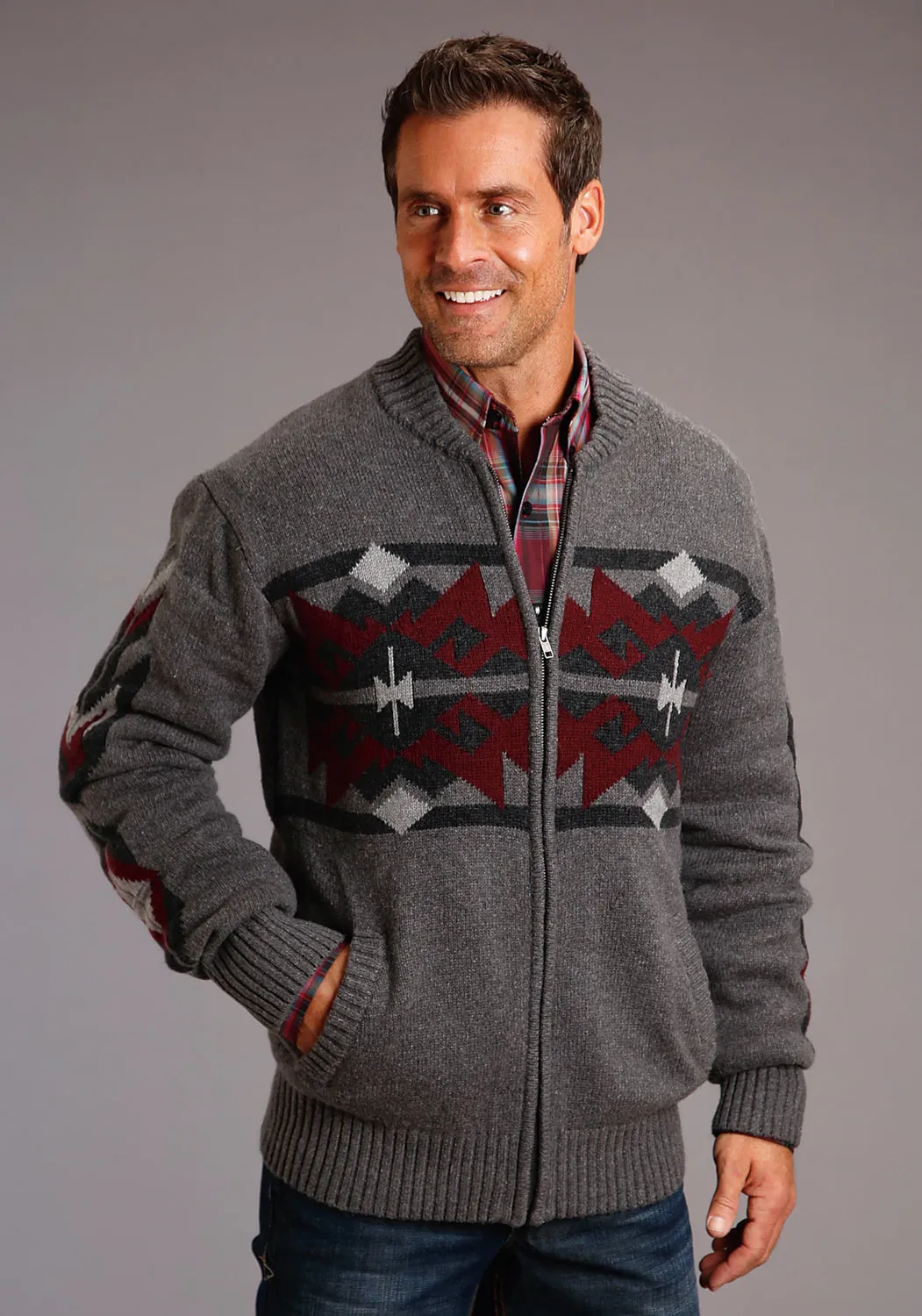 Stetson Mens Grey/Red Cotton/Wool Aztec Pattern Cardigan L