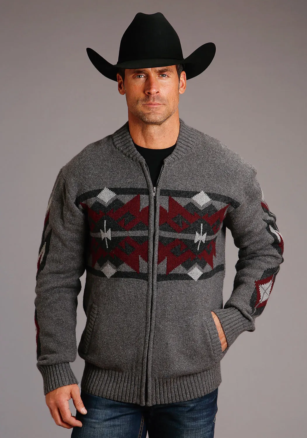 Stetson Mens Grey/Red Cotton/Wool Aztec Pattern Cardigan L