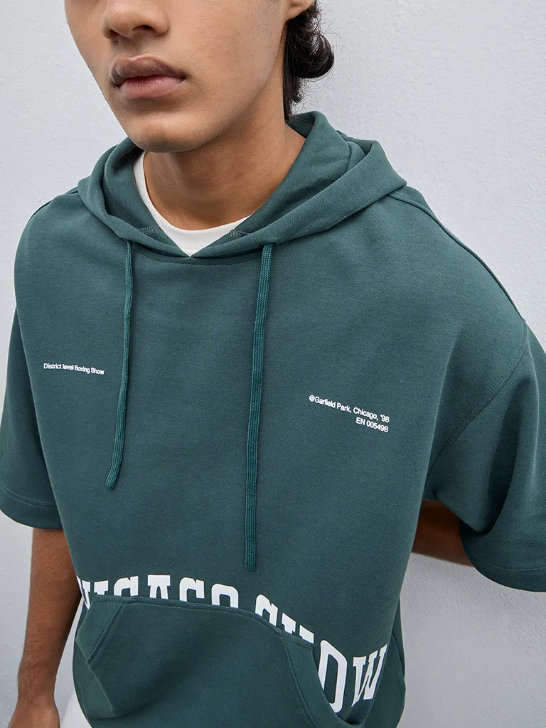 Studiofit Dark Green Text Design Relaxed-Fit Hoodie