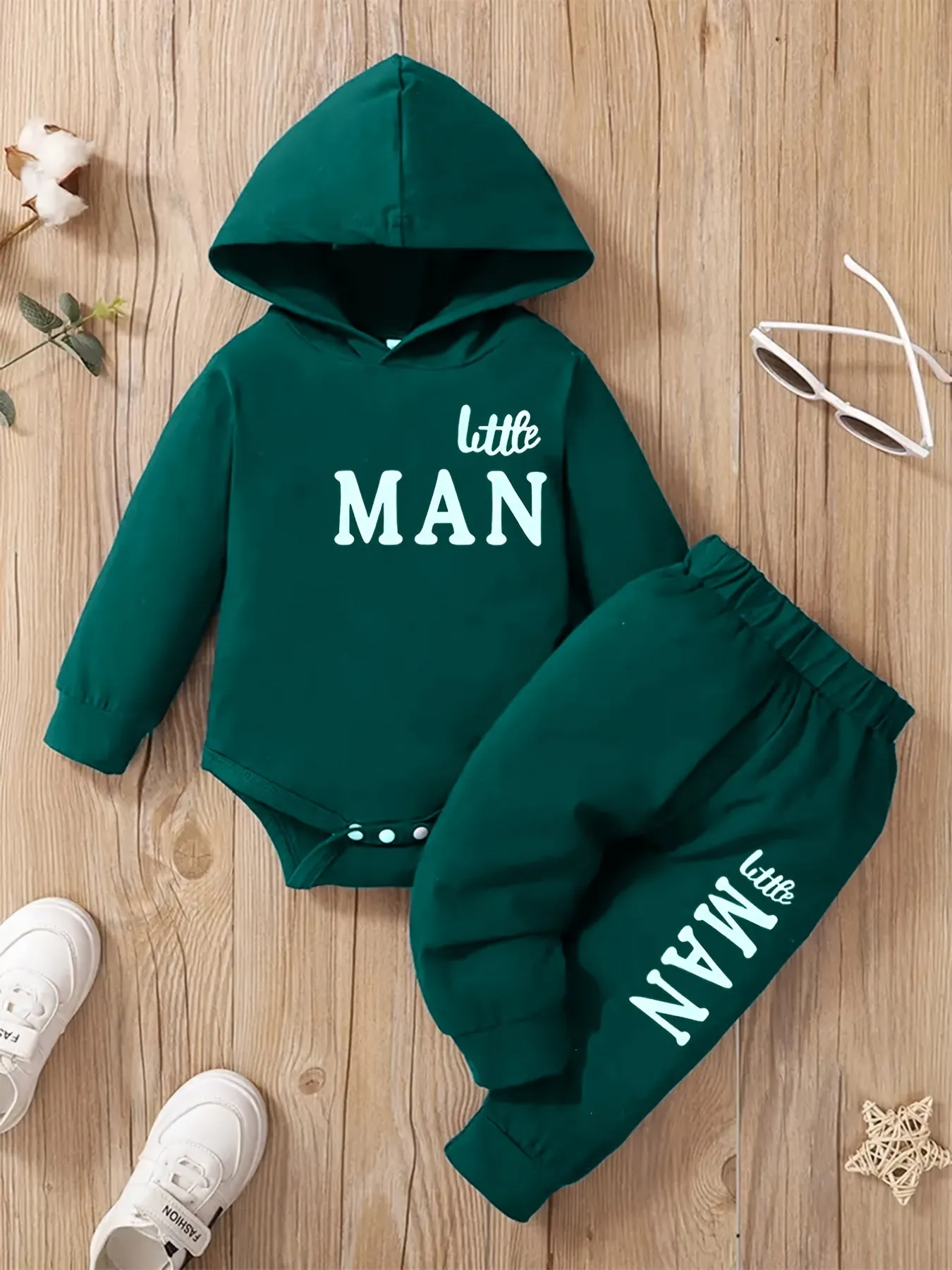 Stylish Hooded Letter Print Bodysuit  Trousers Set for Boys