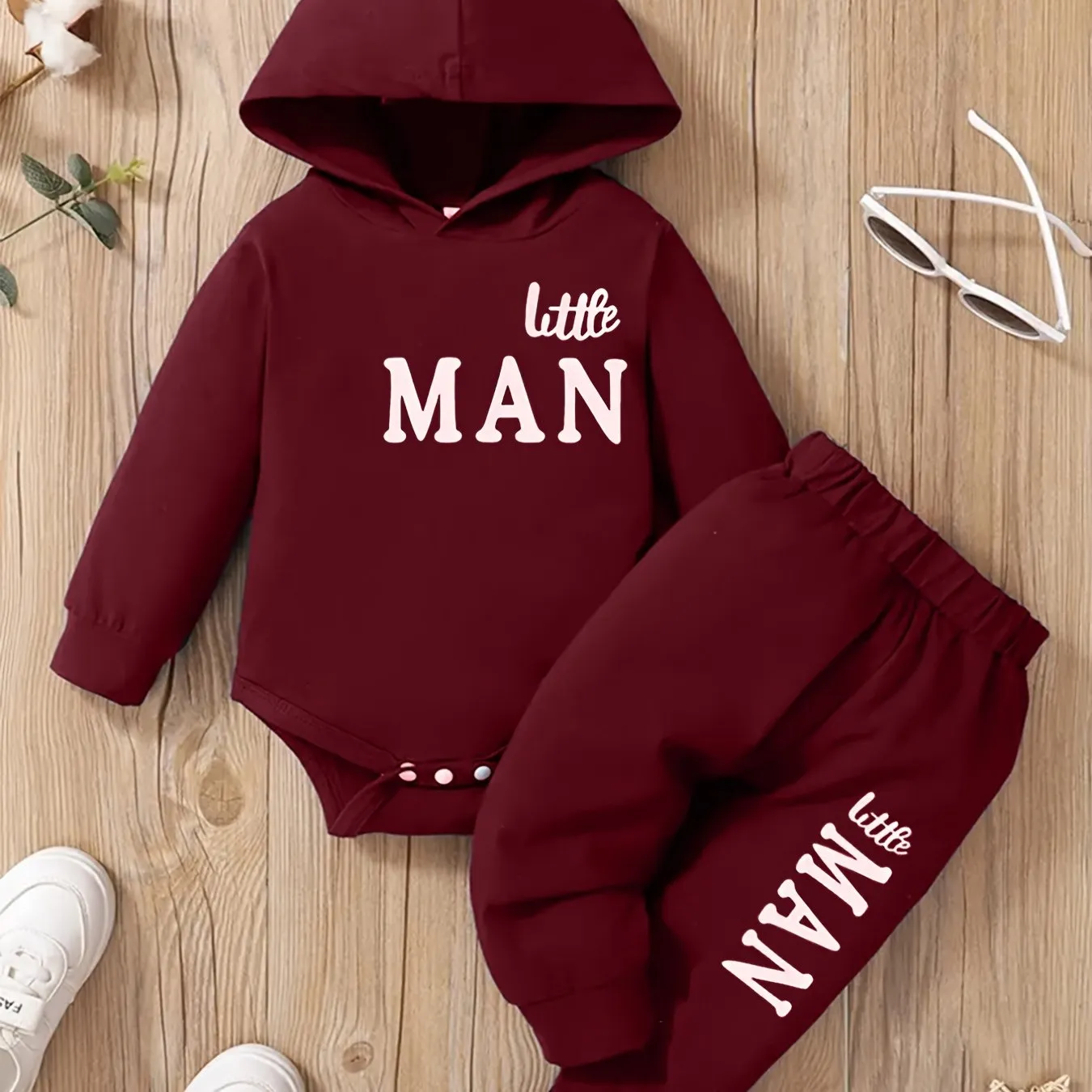 Stylish Hooded Letter Print Bodysuit  Trousers Set for Boys