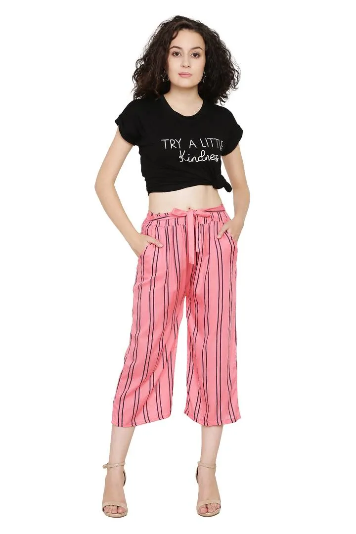 Stylish Rayon Pink Striped Capri For Women