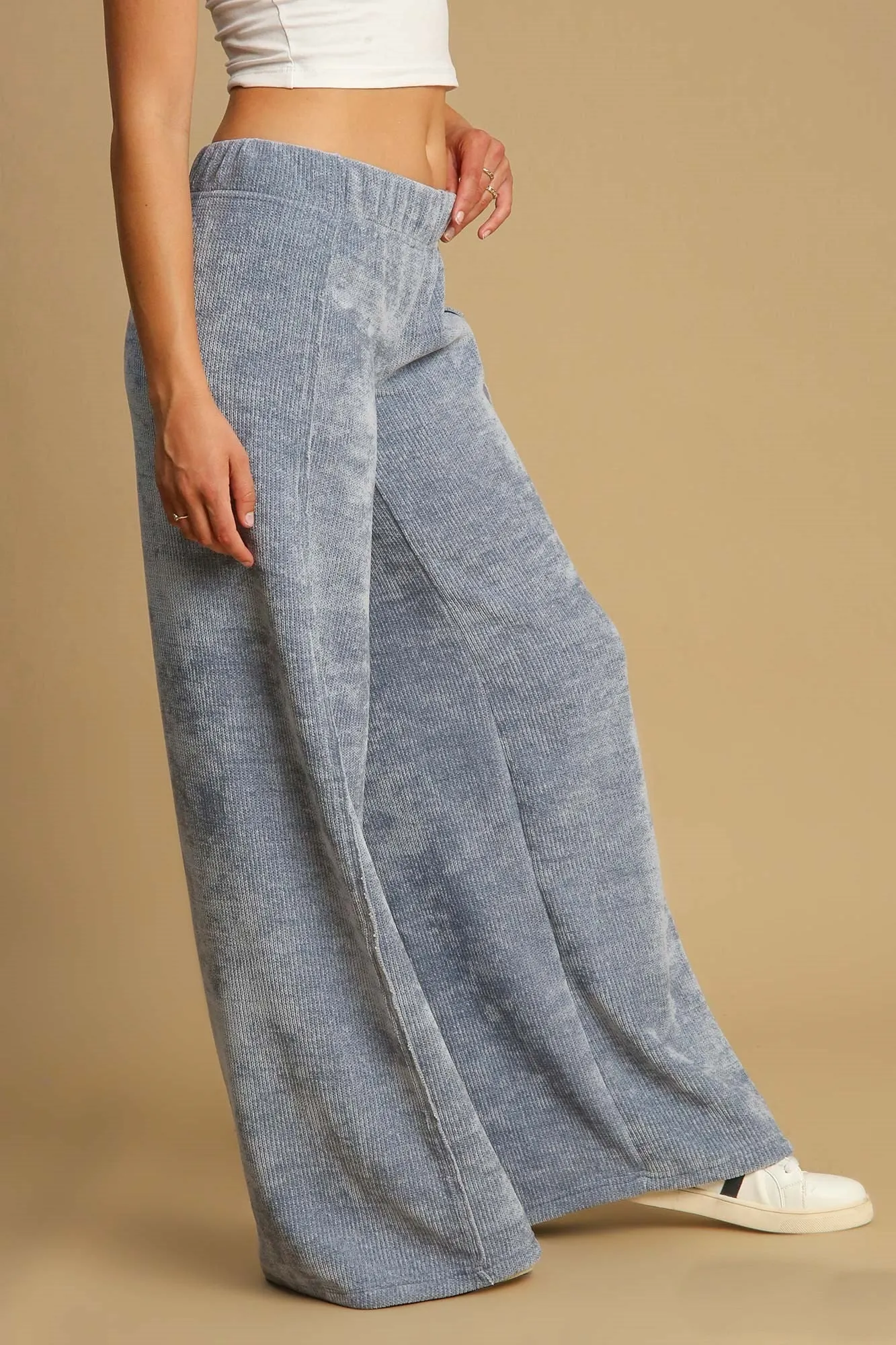 Umgee Soft Knit Solid Color Pants in Denim Blue