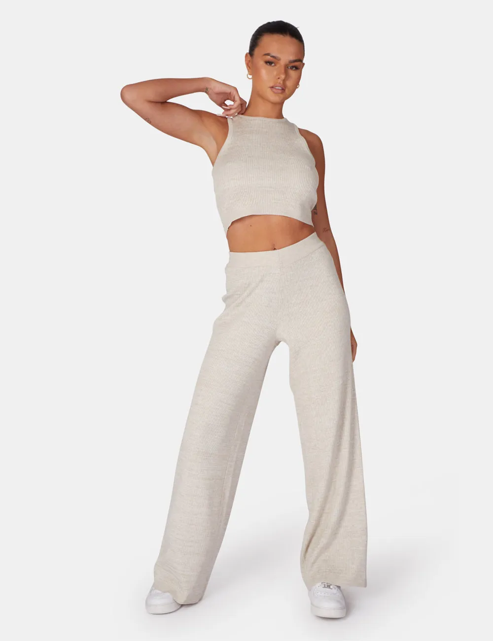 V Front Low Waisted Wide Leg Knitted Trousers Oatmeal