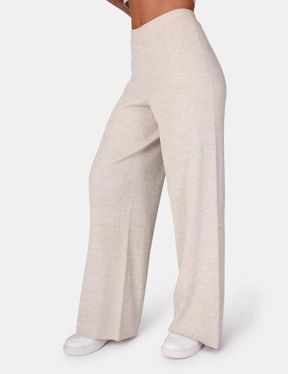 V Front Low Waisted Wide Leg Knitted Trousers Oatmeal