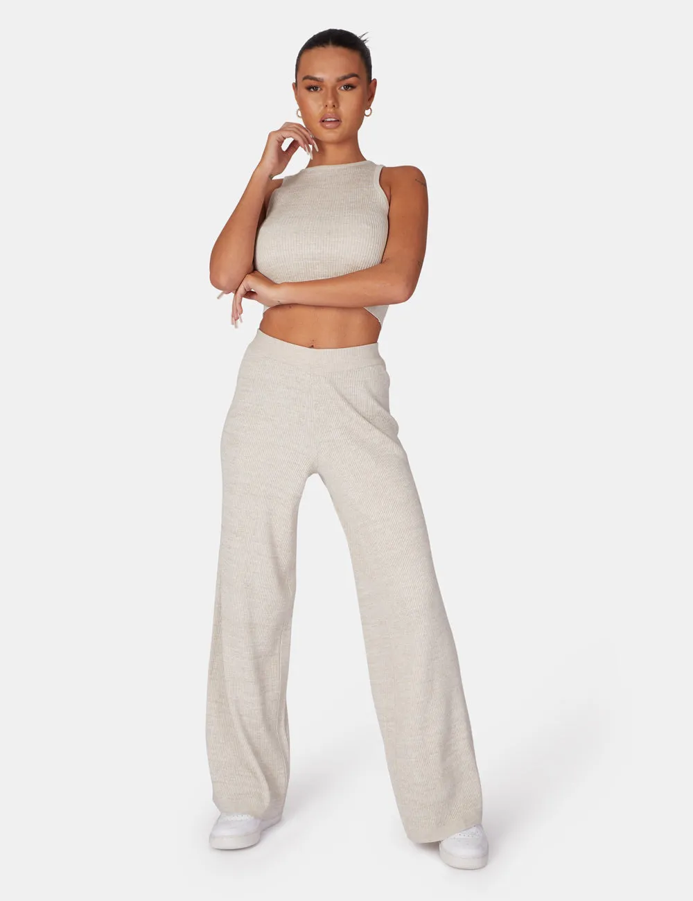 V Front Low Waisted Wide Leg Knitted Trousers Oatmeal