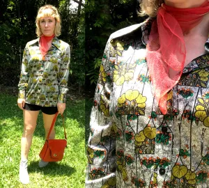 Vintage 70s | Novelty Floral Psychedelic Disco Shirt Hippie Boho Top Blouse | L