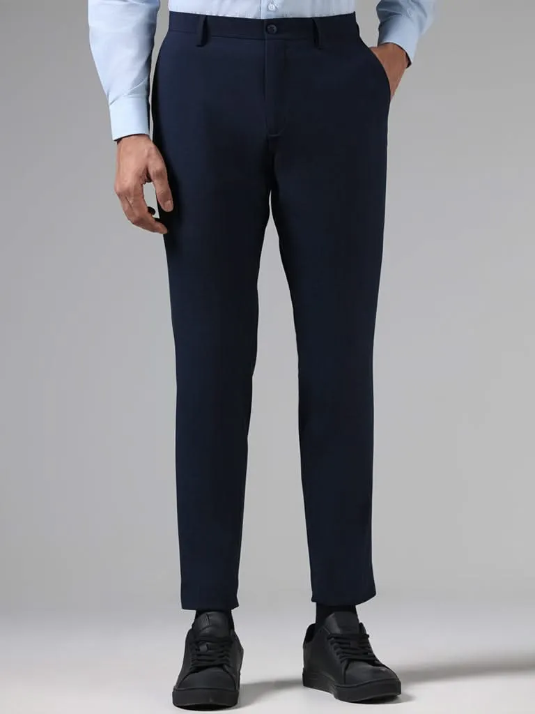 WES Formals Navy Slim-Fit Low-Rise Trousers